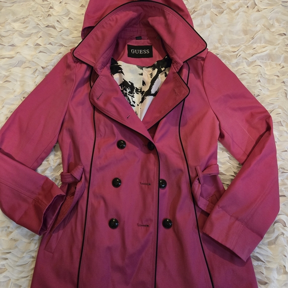 Guess Jackets & Blazers - Pink Guess Hooded Faux Leather Trim Water Resistant Double Breasted Trench Coat